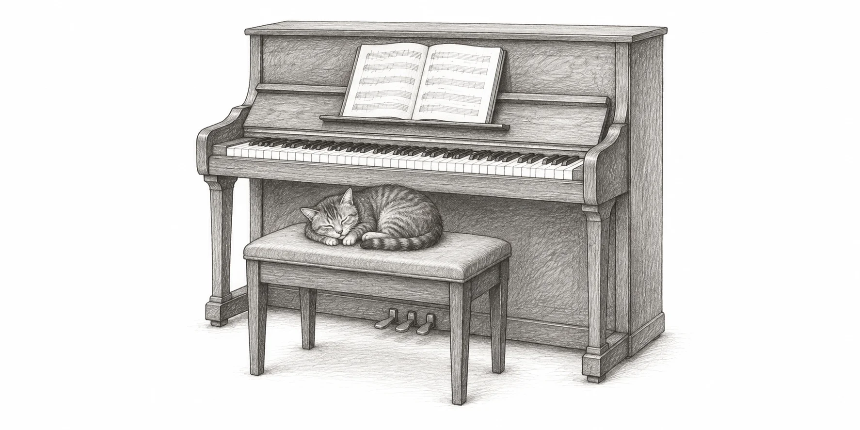 Pencil illustration of a piano with a cat curled up on the bench